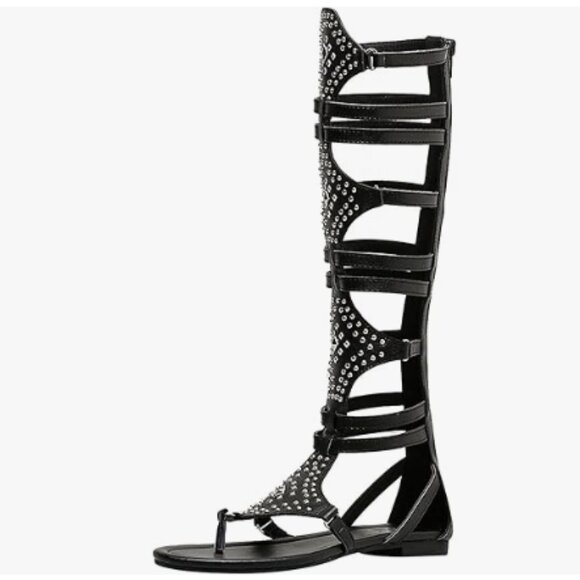 FSJ   Womens Knee High Roman Gladiator Sandals Studded Strappy Zipper Sandals - Picture 1 of 7